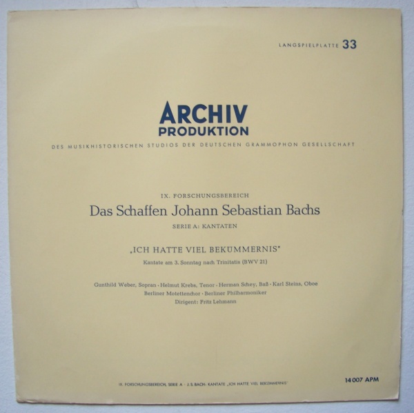 Johann Sebastian Bach (1685-1750) • Ich hatte viel Bekümmernis LP